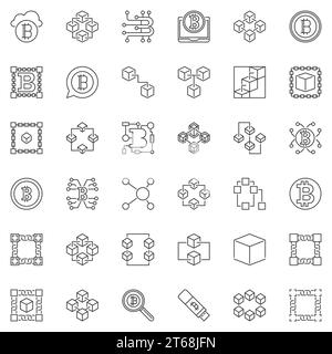 Blockchain vector minimal icons set in outline style. Block Chain concept outline signs on white background Stock Vector