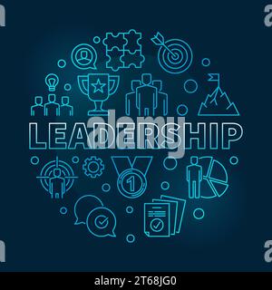 Leadership vector round blue illustration in thin line style on dark background Stock Vector