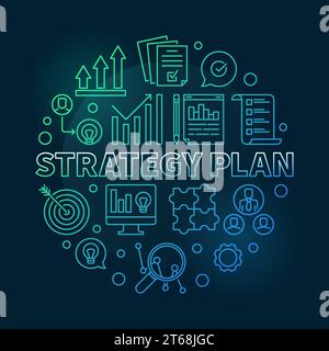 Strategy Plan vector circular colored illustration in linear style on dark background Stock Vector