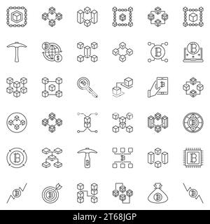 Vector Blockchain concept icons set in outline style on white background Stock Vector