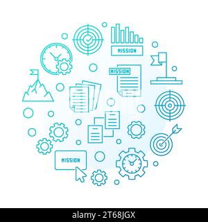 Vector mission business blue circular illustration in thin line style on white background Stock Vector