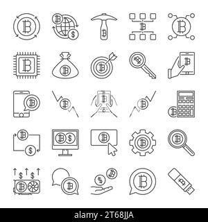 Vector collection of Blockchain icons in thin line style. Mining and Blockchain Technology concept symbols Stock Vector
