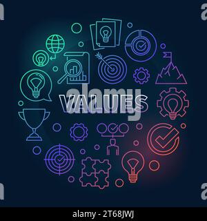 Values vector round concept colored outline illustration on dark background Stock Vector