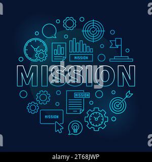 Mission vector round blue business illustration in thin line style on dark background Stock Vector