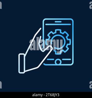Hand holding smartphone with gear vector colored thin line icon or sign on dark background Stock Vector