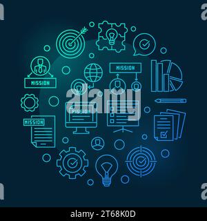 Mission and Company Vision round colored vector outline illustration on dark background Stock Vector