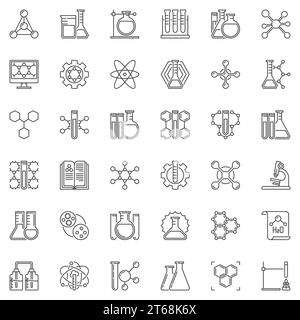 Chemical research linear icons set. Vector Chemistry concept signs in thin line style Stock Vector