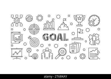 Vector Goal horizontal illustration. Business concept banner in outline style Stock Vector