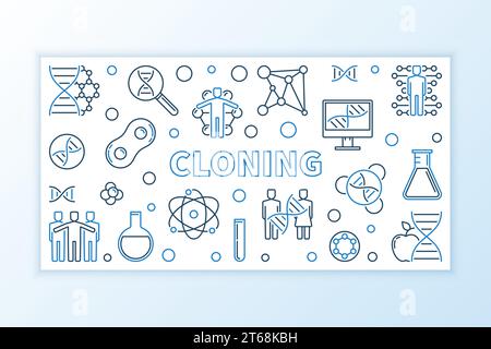 Cloning concept horizontal banner in thin line style. Vector linear illustration Stock Vector