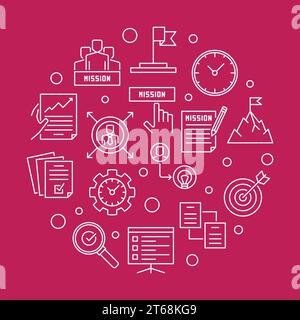 Mission vector round concept simple illustration in outine style on red background Stock Vector