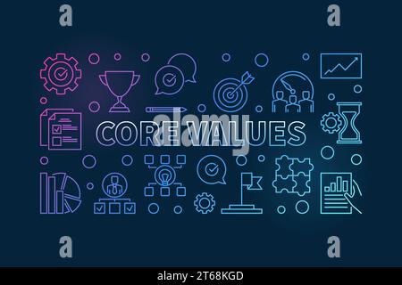 Vector Core Values horizontal concept colorful outline illustration on dark background Stock Vector