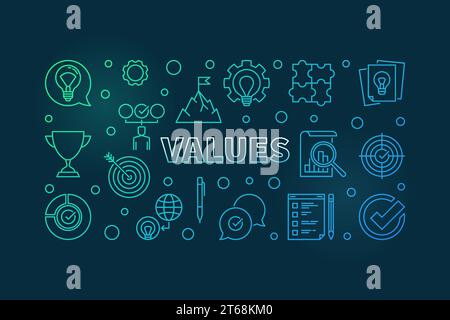 Business Values vector horizontal colorful outline illustration on dark background Stock Vector