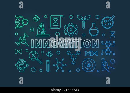 Vector Innovation and Science colored outline horizontal illustration on dark background Stock Vector