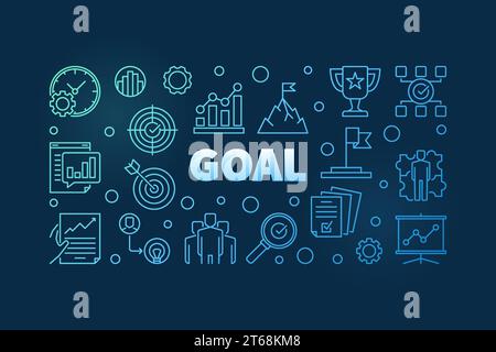 Goal concept blue banner. Vector business outline colorful illustration on dark background Stock Vector