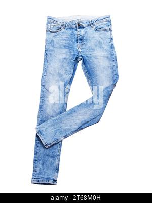 Jeans isolated on white, denim pants isolated, folded blue jeans isolated on white, summer clothes, cloth element mockup Stock Photo