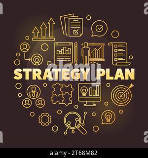 Vector Strategy Plan round golden outline illustration on dark background Stock Vector