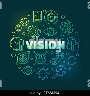 Vision round colorful linear illustration. Vector business concept outline design on dark background Stock Vector