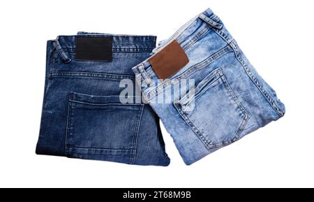 Folded denim, Blue and dark blue jeans on white background set or collage Stock Photo