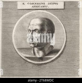 Publius Cornelius Scipio Africanus, Roman general and politician, 236-183 BC. Led Rome to victory against Carthage in the Second Punic War and defeated Hannibal at the Battle of Zama in 202 BC. P. Cornelius Scipio Africanus. Copperplate engraving after an illustration by Joachim von Sandrart from his LAcademia Todesca, della Architectura, Scultura & Pittura, oder Teutsche Academie, der Edlen Bau- Bild- und Mahlerey-Kunste, German Academy of Architecture, Sculpture and Painting, Jacob von Sandrart, Nuremberg, 1675. Stock Photo