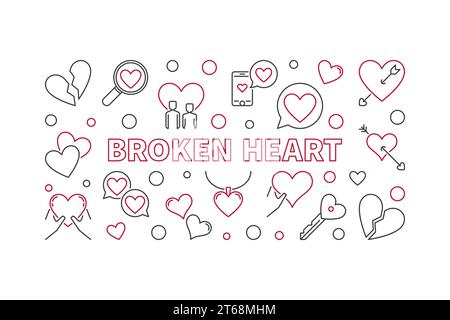 Broken Heart vector concept illustration or banner in thin line style on white background Stock Vector