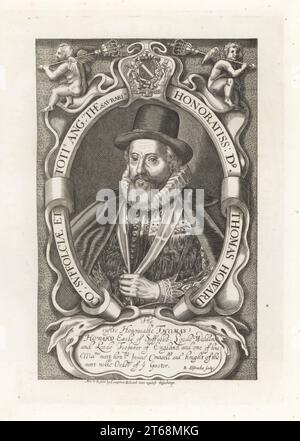 Thomas Howard, 1st Earl of Suffolk, 1561-1626. Lord Chamberlain, Lord High Treasurer of England to King James I, Knight of the Garter. In hat, ruff collar, doublet and cloak, holding a ribbon. Under coat of arms with two putti holding sceptres. Copperplate engraving after Renold Elstrack from Samuel Woodburns Gallery of Rare Portraits Consisting of Original Plates, George Jones, 102 St Martins Lane, London, 1816. Stock Photo