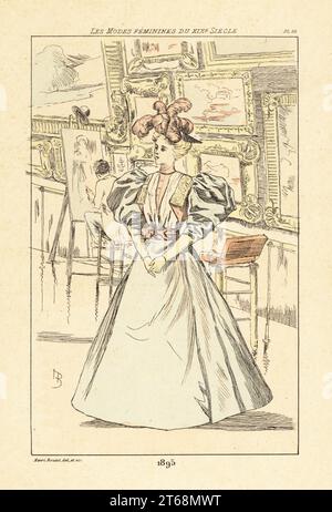 Fashionable woman at an art exhibition, Paris, 1895. Behind her, an artist copies a painting on a canvas on an easel. Handcoloured drypoint or pointe-seche etching by Henri Boutet from Les Modes Feminines du XIXeme Siecle (Female Fashions of the 19th Century), Ernest Flammarion, Paris, 1902. Boutet (1851-1919) was a French artist, engraver, lithographer and designer. Stock Photo