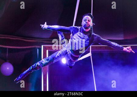 London, UK. 09th Nov, 2023. Lj Marles with his tension strap artistry. Olivier Award winning cabaret La Clique returns to the West End at Underbelly's Spiegeltent in Leicester Square until January 6th, 2024. Credit: Imageplotter/Alamy Live News Stock Photo