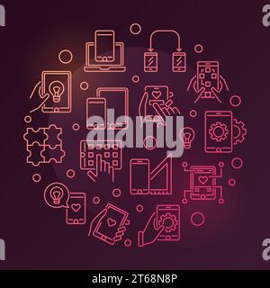 Round vector colorful illustration made with smartphone and tablet outline icons. Mobile app development modern concept on dark background Stock Vector