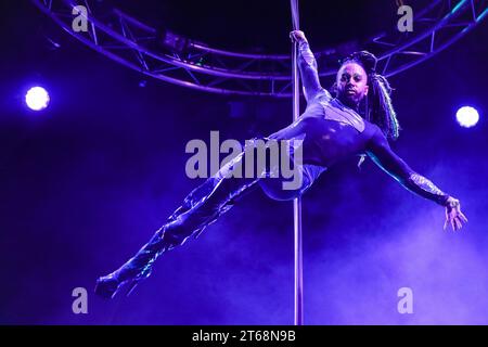 London, UK. 09th Nov, 2023. Lj Marles with his tension strap artistry. Olivier Award winning cabaret La Clique returns to the West End at Underbelly's Spiegeltent in Leicester Square until January 6th, 2024. Credit: Imageplotter/Alamy Live News Stock Photo