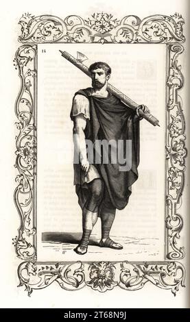 Costume of a Roman lictor. He carries a fasces or axe, and wears a brown chlamys cloak, white tunic, short trousers and caliga boots. Within a decorative frame engraved by H. Catenacci and Fellmann. Woodblock engraving by Gerard Seguin and E.F. Huyot after a woodcut by Christoph Krieger from Cesare Vecellios 16th century Costumes anciens et modernes, Habiti antichi et moderni di tutto il mondo, Firman Didot Ferris Fils, Paris, 1859-1860. Stock Photo