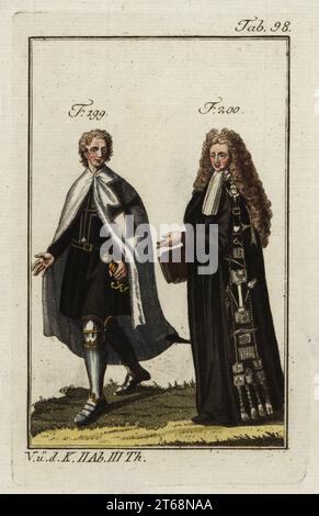 A Teutonic knight in cape and tunic over armour 199 and a Knight of Malta in 18th century ceremonial robes and wig for the taking of vows 200. Copied from an illustration by Christoph Weigel in Philipp Bonannis Ritter-Ordern, 1728. Handcolored copperplate engraving from Robert von Spalart's Historical Picture of the Costumes of the Principal People of Antiquity and Middle Ages, Vienna, 1802. Stock Photo
