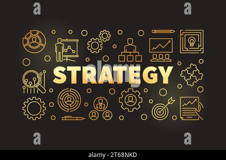 Strategy golden outline horizontal illustration or banner on dark background Stock Vector