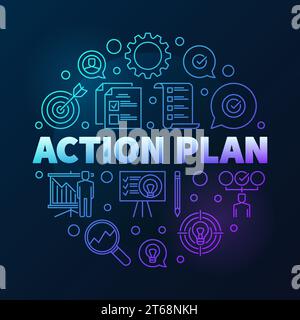 Vector Action Plan round colored outline illustration on dark background Stock Vector