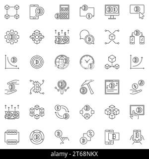 Blockchain and Cryptocurrency concept outline icons set. Vector collection of Blockchain linear symbols or design elements Stock Vector