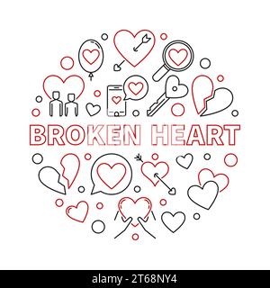Broken Heart vector round concept illustration in thin line style Stock Vector