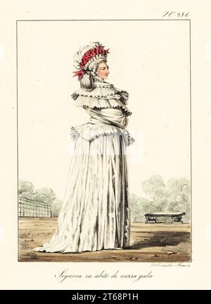 French woman in semi-formal costume, late 18th century. Bonnet decorated with frills and roses, shawl and gown adorned with frills and ruches. Costume de Dame, demi-parure. Handcoloured lithograph by Lorenzo Bianchi and Domenico Cuciniello after Hippolyte Lecomte from Costumi civili e militari della monarchia francese dal 1200 al 1820, Naples, 1825. Italian edition of Lecomtes Civilian and military costumes of the French monarchy from 1200 to 1820. Stock Photo