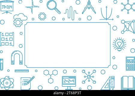 STEM blue horizontal frame with empty space for text. Vector education concept outline illustration on white background Stock Vector