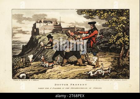 English tourists hunting in the highlands of Scotland, caught by a Scottish gamekeeper in tartan kilt and gaiters. Doctor Prosody taken for a poacher in the neighbourhood of Stirling. Handcoloured copperplate engraving drawn and engraved by Charles Williams from William Combes The Tour of Doctor Prosody, in search of the Antique and the Picturesque, through Scotland, the Hebrides, the Orkney and Shetland Isles, Matthew Illy, London, 1821. Stock Photo