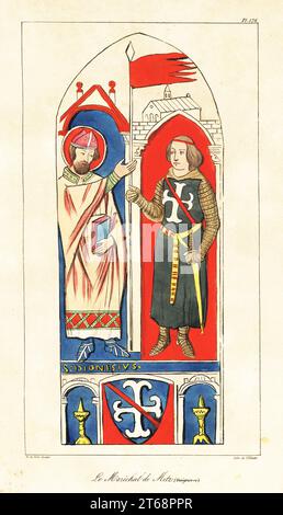 Henri II Clement, Seigneur of Metz, Marshal of France, died 1265, receiving the oriflamme from Saint Denis. The oriflamme is the battle standard of the King of France. He wears a suit of chainmail, a tunic with white cross, spurs, and sword. Taken from a stained glass window in Notre-Dame de Chartres. Le marechal de Metz (Roger de Gaignieres). Handcoloured lithograph by Villain after an illustration by Horace de Viel-Castel from his Collection des costumes, armes et meubles pour servir à l'histoire de la France (Collection of costumes, weapons and furniture to be used in the history of France) Stock Photo