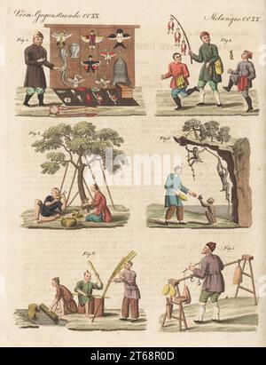 Chinese trades, Qing dynasty, 1800s. Kite seller 1, toy seller and boys playing Jianzi with a shuttlecock 2, paper makers preparing bamboo 3, pork butcher 4, varnish collectors 5, and trained monkeys harvesting tea 6. Copied from illustrations by Antoine Cardon in Jean Baptiste Joseph Breton's La Chine en miniature, 1811. Handcoloured copperplate engraving from Carl Bertuch's Bilderbuch fur Kinder (Picture Book for Children), Weimar, 1815. Stock Photo