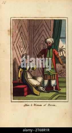 Man and woman of Persia, 1818. The man wears a turban, cloack, tunic, harem pants and scimitar, the woman wears a turban with veil, cloak and dress. Handcoloured copperplate engraving from Mary Anne Vennings A Geographical Present being Descriptions of the Principal Countries of the World, Darton, Harvey and Darton, London, 1818. Venning wrote educational books on geography, conchology and mineralogy in the early 19th century. Stock Photo