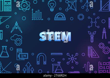 Science, technology, engineering and math colored horizontal frame - vector STEM concept outline illustration on dark background Stock Vector