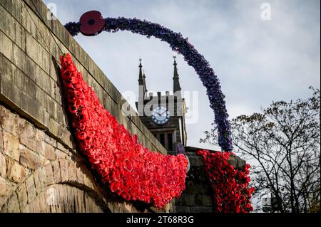 Bolton, UK. 9th November 2023. Locals from the village of Rigley, Bolton, have decorated the ancient Rigley Old Bridge over the River Irwell with a waterfall of red poppies and an arch of purple poppies as part of their annual Remembrance commemorations. Credit: Paul Heyes/Alamy Live News Stock Photo