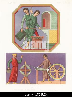 French bakers and spinners, 14th century. Two bakers in tunic and hose putting loaves into an oven, and two spinners unwinding a skein of wool on a spool using a spinning wheel. Amiens was famous for wool and saietterie fabric. From stained-glass windows in Amiens Cathedral. Artisans: Boulangers, Tisseurs. Vitraux a la Cathedrale d'Amiens, France, XIVe siecle. Chromolithograph by Thurwanger brothers after Ferdinand Sere from Charles Louandres Les Arts Somptuaires, The Sumptuary Arts, Hangard-Mauge, Paris, 1858. Stock Photo