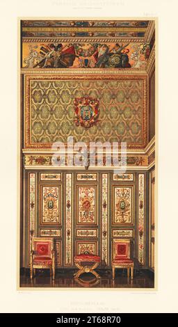 Decorated wall panels, ceiling and chairs in the Salle des Gardes, Palace of Fontainebleau, 17th to 19th century. Salle des gardes, Chateau de Fontainebleau, XVII u XIX Jahrh. Chromolithograph by M. Koch from Ernst Ewalds Farbige decorationen, alter und never Zeit (Color decoration, ancient and new eras), Ernst Wasmuth, Berlin, 1889. Stock Photo