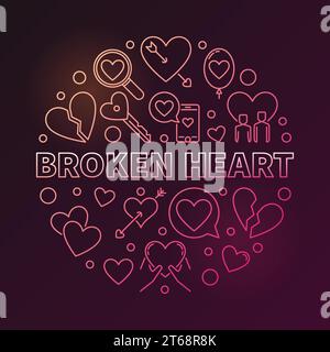 Broken Heart vector round colored linear illustration on dark background Stock Vector