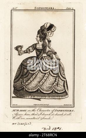Mrs Ann Barry in the character of Sophonisba in James Thomsons Sophonisba. However, she did not play the role in London. Ann Street, 1734-1801, was a leading actress of the 18th century appearing as Mrs Dancer, Mrs. Barry and Mrs. Crawford. Copperplate engraving by J. Thornthwaite after an illustration by James Roberts from Bells British Theatre, Consisting of the most esteemed English Plays, John Bell, London, 1778. Stock Photo