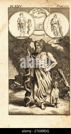 Asclepius or Hepius, god of medicine in ancient Greek religion and mythology. With serpent-entwined staff or asclepian. Aesculapis, Copperplate engraving from Andrew Tookes The Pantheon, Representing the Fabulous Histories of the Heathen Gods, London, 1757. Stock Photo