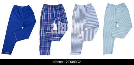 Pajamas set on white background, women's plaid pajama pants and a