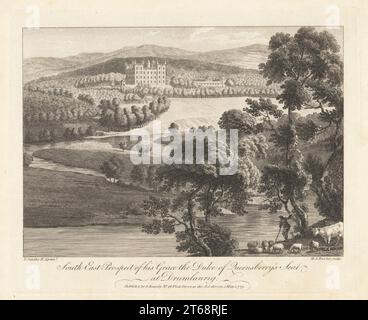 South-east prospect of the Duke of Queensberry's seat at Drumlanrig, Scotland. The Pink Palace or Drumlanrig Castle, 17th century Renaissance house built in pink sandstone. Home of Scottish landowner William Douglas, 4th Duke of Queensberry. Copperplate engraving by Michael Angelo Rooker after an illustration by Paul Sandby from The Copper Plate Magazine or Monthly Treasure, G. Kearsley, London, May 1, 1775. Stock Photo